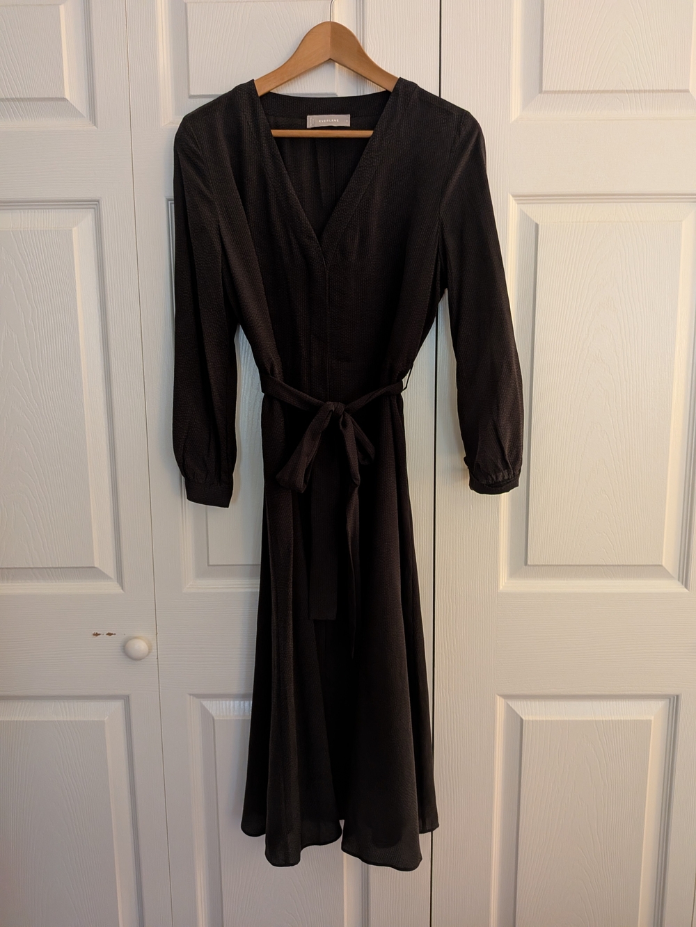 Everlane Black Long Sleeve Wrap Midi Dress with Tie